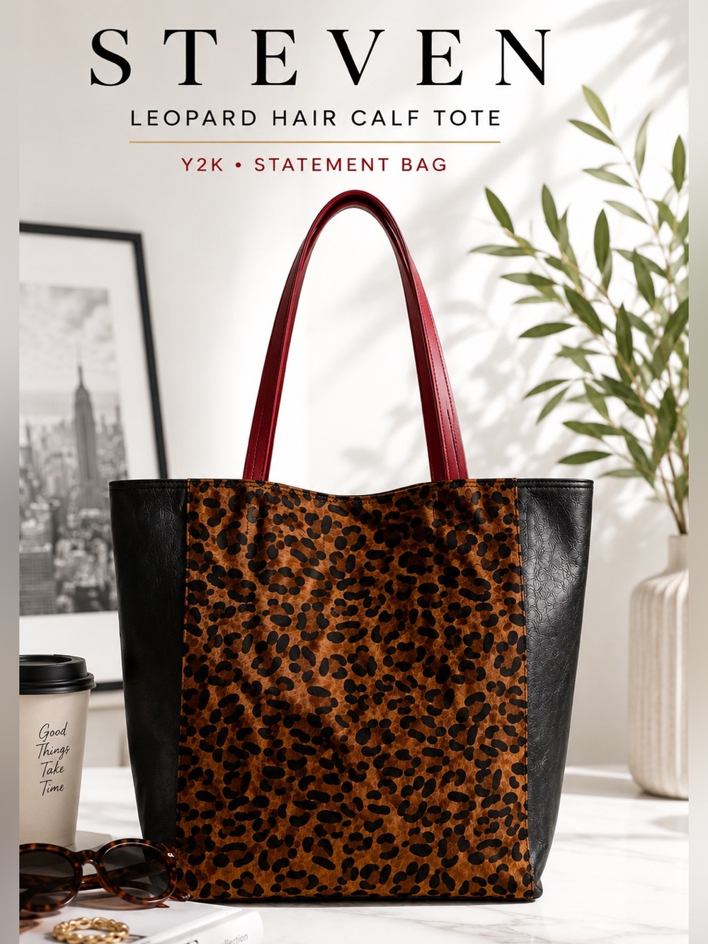 Steven Leopard Hair Calf Tote Y2K Statement Bag Red Strap NWOT